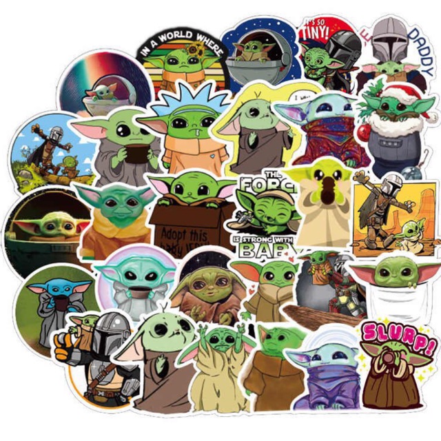 Sticker baby yoda set 30-50 cái ép lụa/ hình dán baby yoda