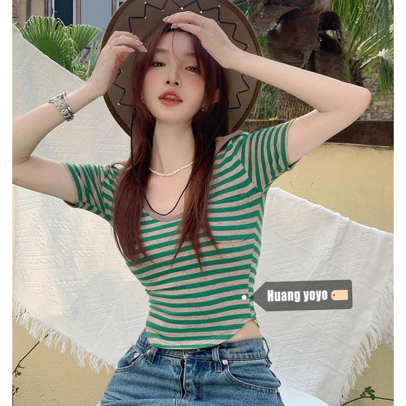 Áo Thun Nữ Tay Ngắn Cổ Chữ v Kẻ Sọc Ngang Phong Cách Hàn Quốc