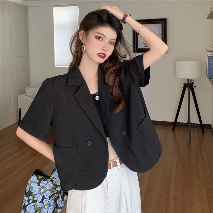 Áo blazer ngắn tay dáng croptop, áo khoác vest cộc tay dáng ngắn tay bồng túi hộp phong cách Hàn Quốc freesize | BigBuy360 - bigbuy360.vn