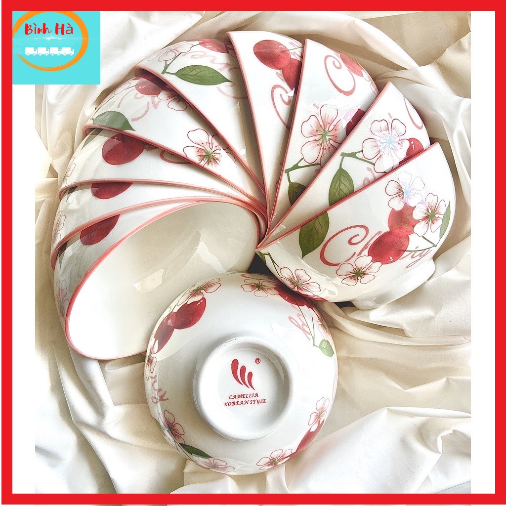 Bộ 10 chén ăn cơm sứ cao cấp, họa tiết hoa 3d, miệng bát kẻ chỉ màu, set 10 bát ăn cơm, họa tiết ngẫu nhiên