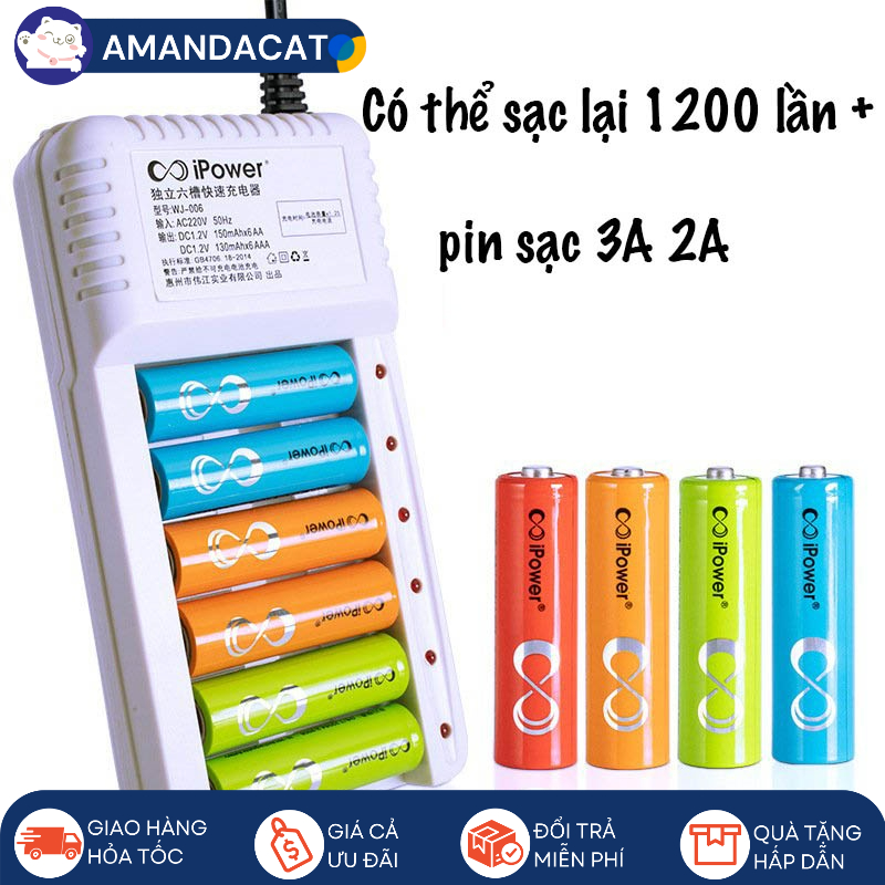 (Hàng Sẳn Giao Nhanh TP.HCM)Bộ sạc pin AA và AAA đa năng, sạc được 6 pin, chính hãng iPower cao cấp (mã WJ-U06)