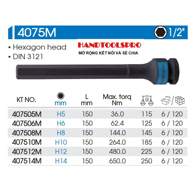 Đầu tuýp đen dài 1/2 inch bit lục giác 5mm,6mm,8mm,10mm,12mm,14mm dài 150mm KINGTONY 4075M