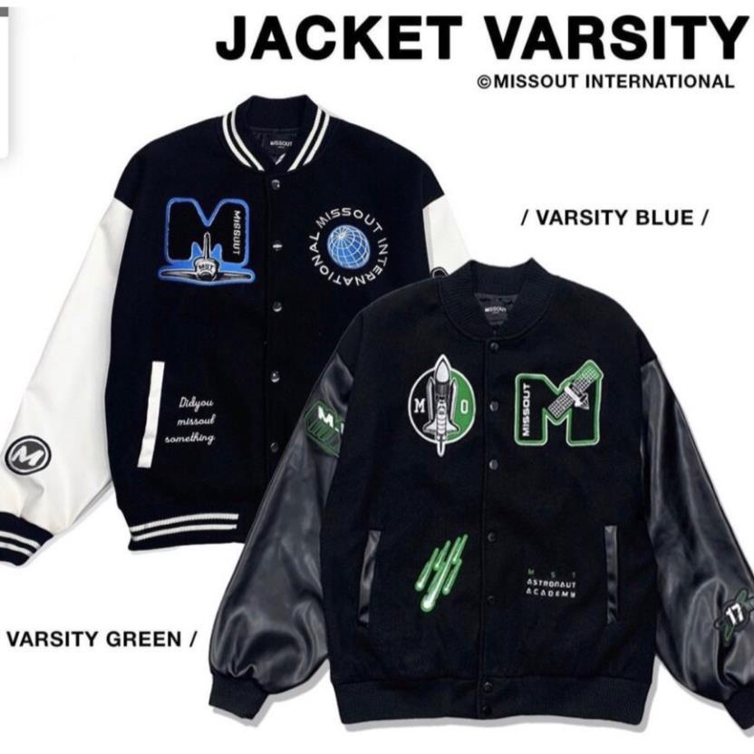 Áo khoác bomber Miss Out Varsity Jacket vải nỉ phối tay da, áo bomber bóng chày nam nữ unisex form rộng