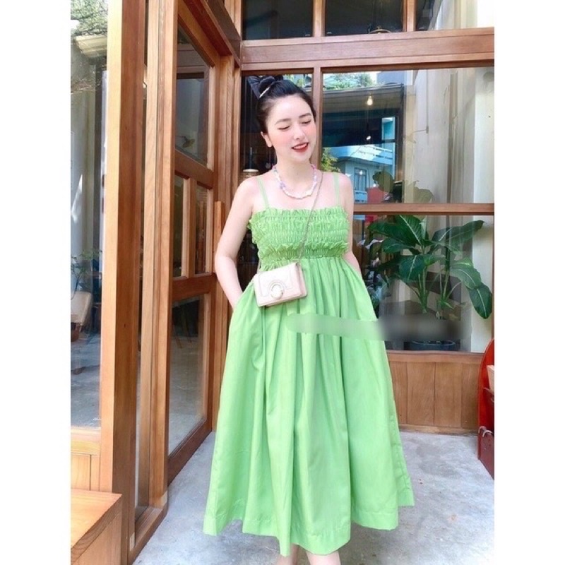 Đầm babydoll 2 dây nhún thun ngực dáng dài siêu đẹp.