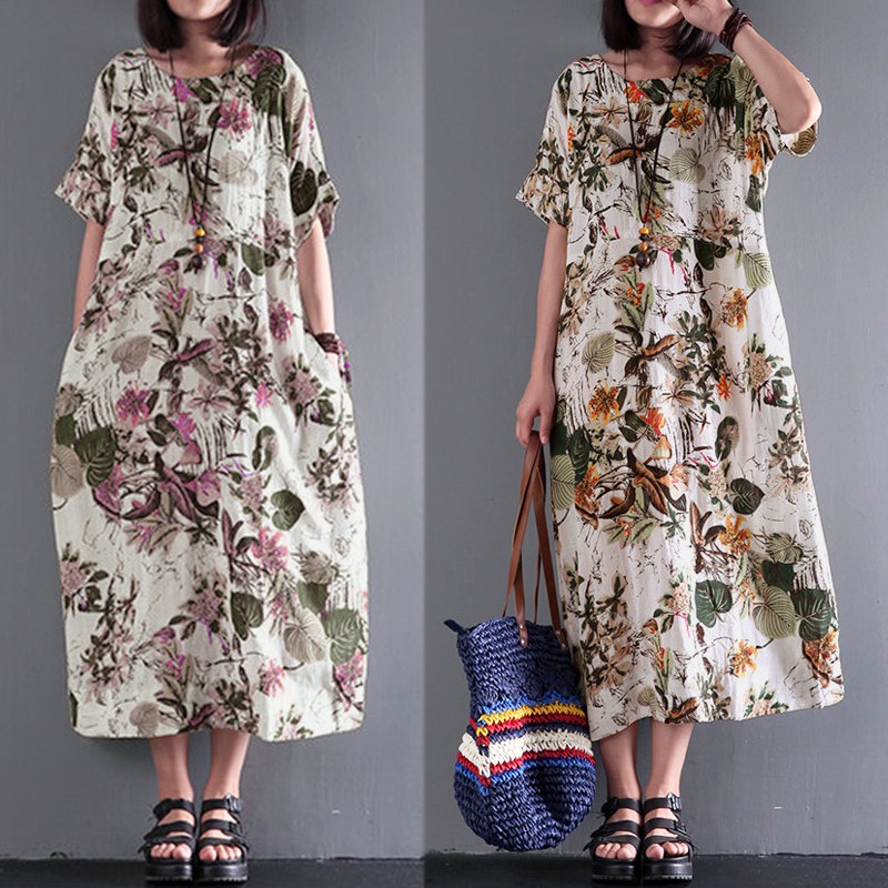 FREESHIP ĐƠN 99K_ Đầm maxi ngắn tay in họa tiết hoa trang nhã dành cho nữ