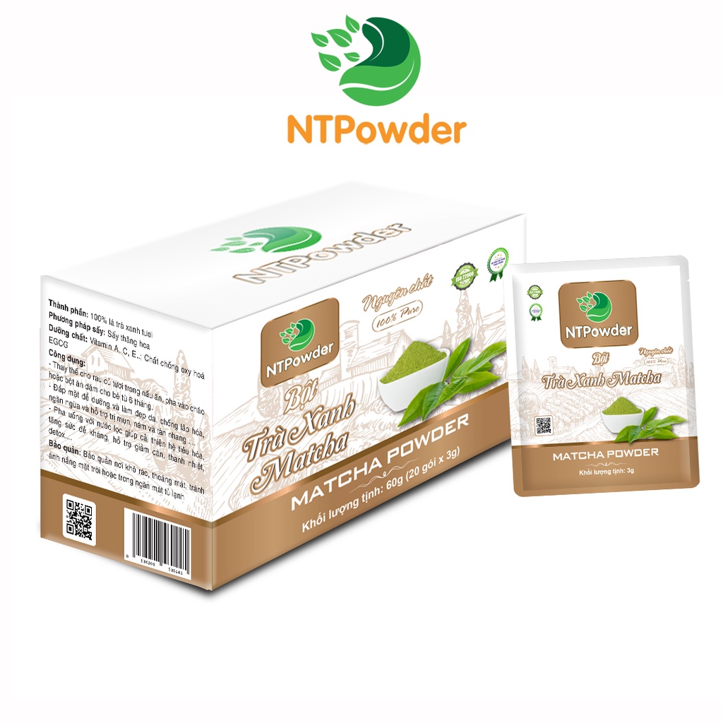 [Hộp 20 gói x 3g] Bột Trà Xanh Matcha sấy lạnh nguyên chất NTPOWDER 60g - Nhất Tín Food