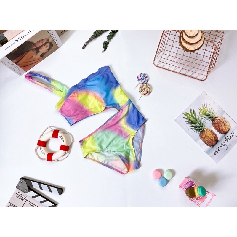 Monokini sắc màu - Bikini liền nữ dây lệch màu loang siêu xinh