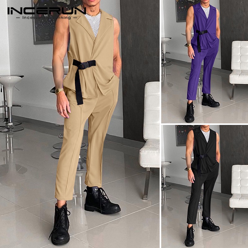 Set áo vest không tay + quần dài INCERUN 3 màu thời trang cho nam
