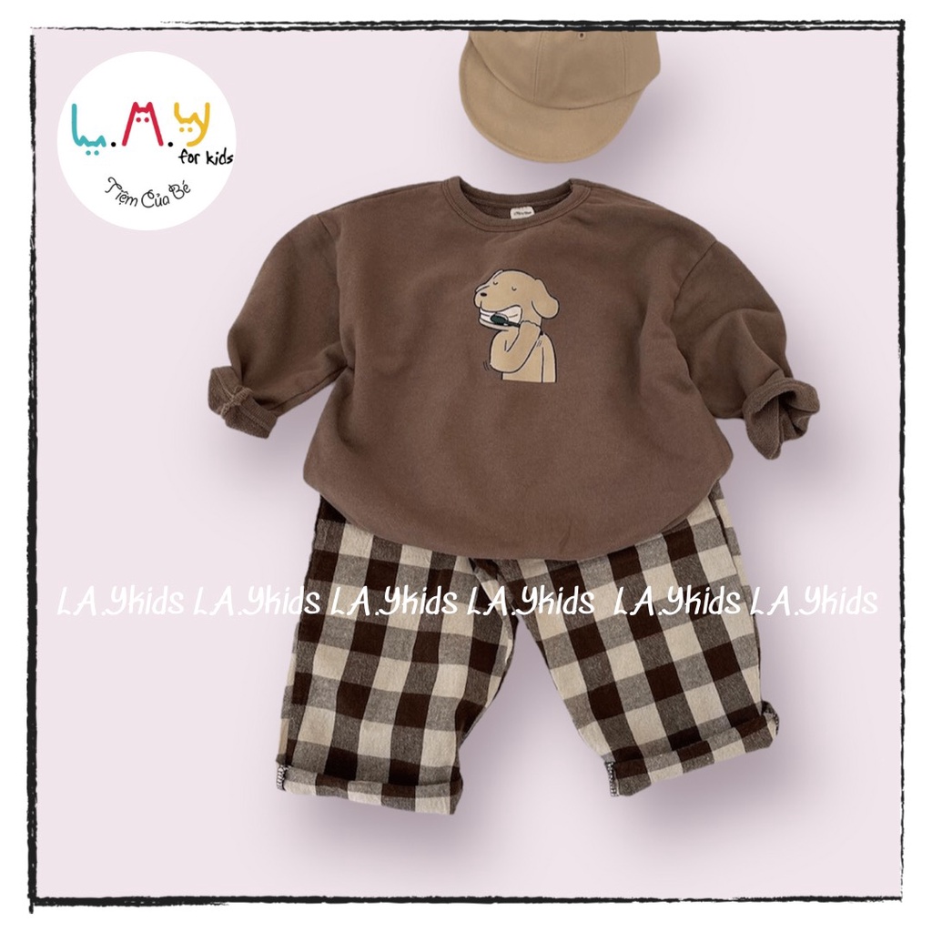Set Áo Bo Gấu In Hình Hổ Cún Gấu Đánh Răng Quần Kẻ Caro Mix Nâu Xanh Đen L.A.Y kids