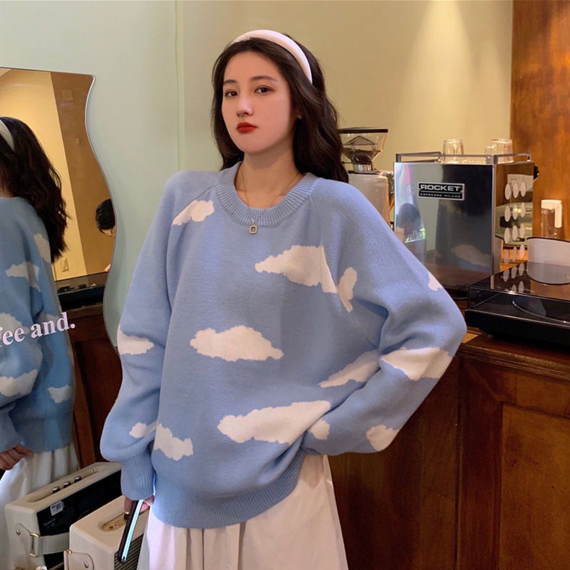 Áo sweater dệt kim tay dài dáng rộng phong cách Hàn Quốc dễ thương cho nữ