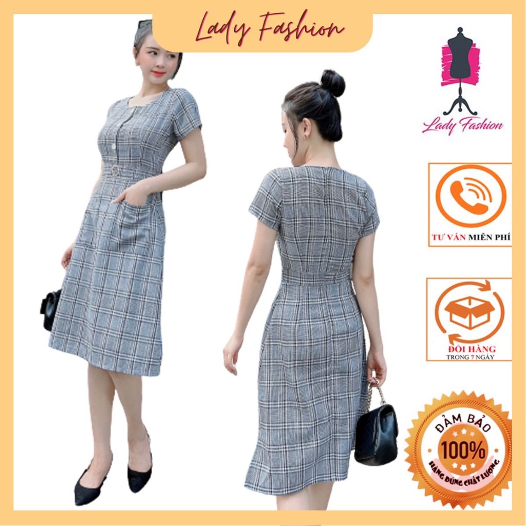 Đầm Caro chữ A phối 2 túi M08- Ladyfashion
