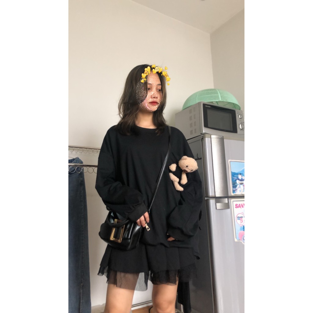 áo sweater gấu/ áo gấu/ chân váy 2 tầng/chân váy đen/ chân váy