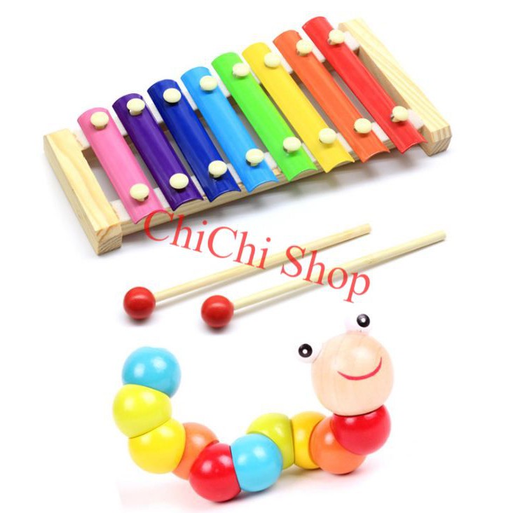 Combo Đồ Chơi Trí Tuệ Bằng Gỗ Cho Bé: Đàn Xylophone 8 Thanh và Sâu Uốn Dẻo Màu Sắc Cho Bé