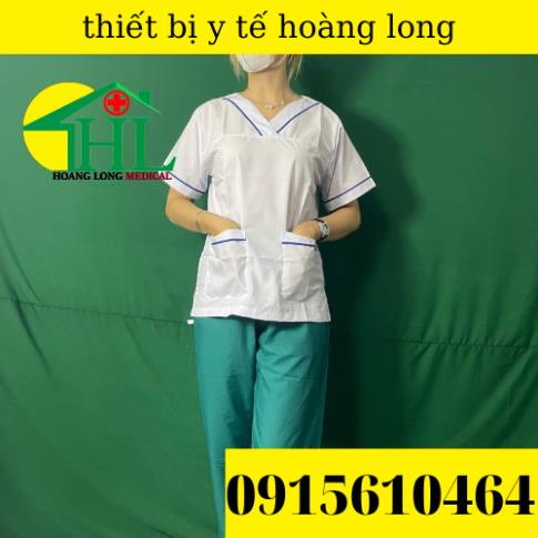 Bộ blouse cổ tim viền XANH DƯƠNG nam nữ cộc tay - bộ scrubs kỹ thuật viên cho điều dưỡng, dược sỹ, y tá, bác sĩ