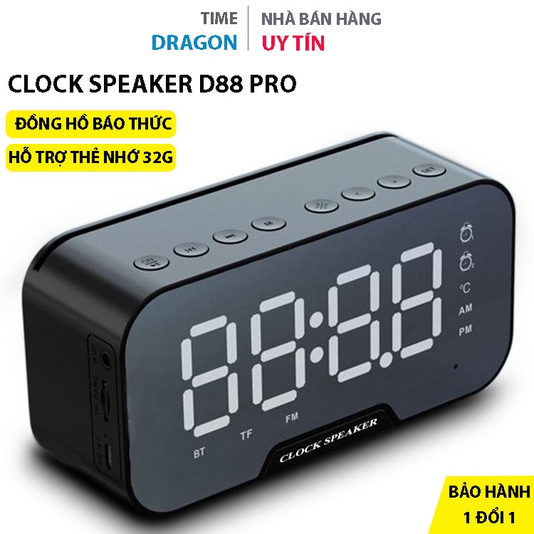 Loa đồng hồ không dây bluetooth Clock Speaker D88 nghe nhạc siêu trầm mặt kính tráng gương kèm đèn ngủ