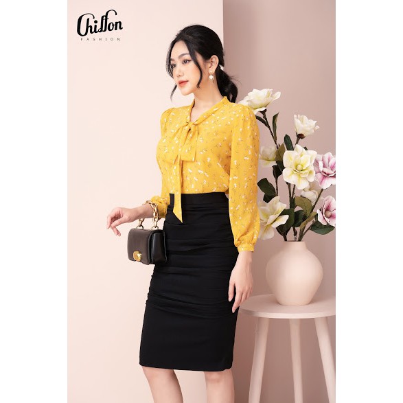 Chiffon_Áo sơ mi công sở hoa nhí nơ cổ