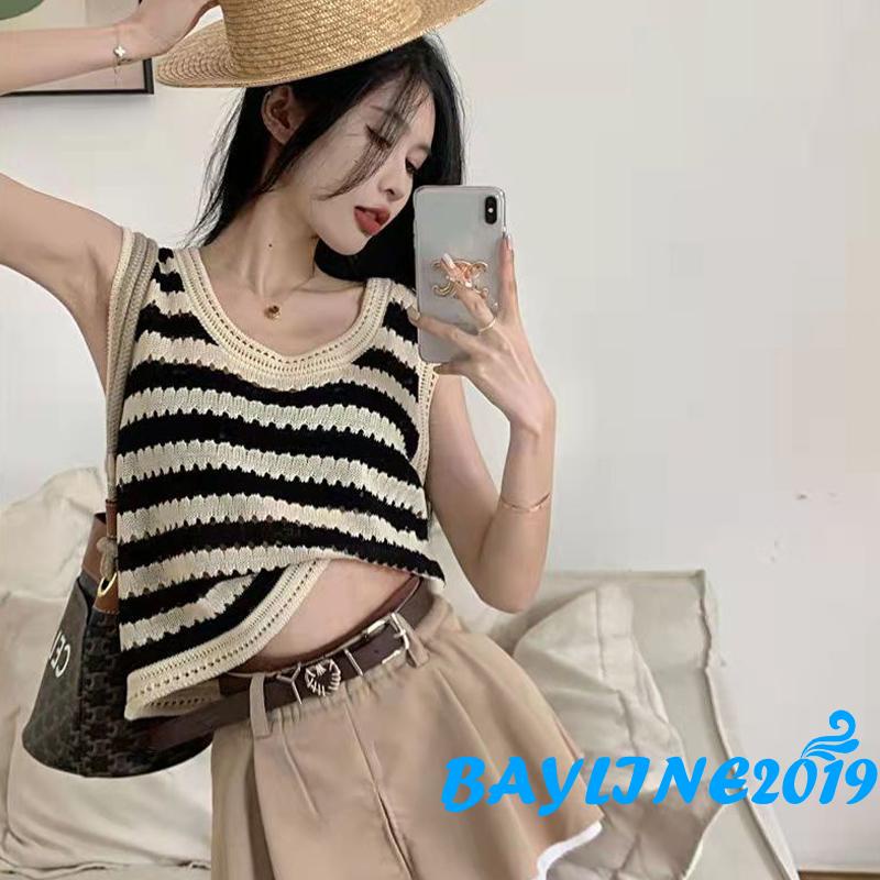 Áo Thun Không Tay Họa Tiết Sọc Màu Sắc Tương Phản Thời Trang Cho Nữ