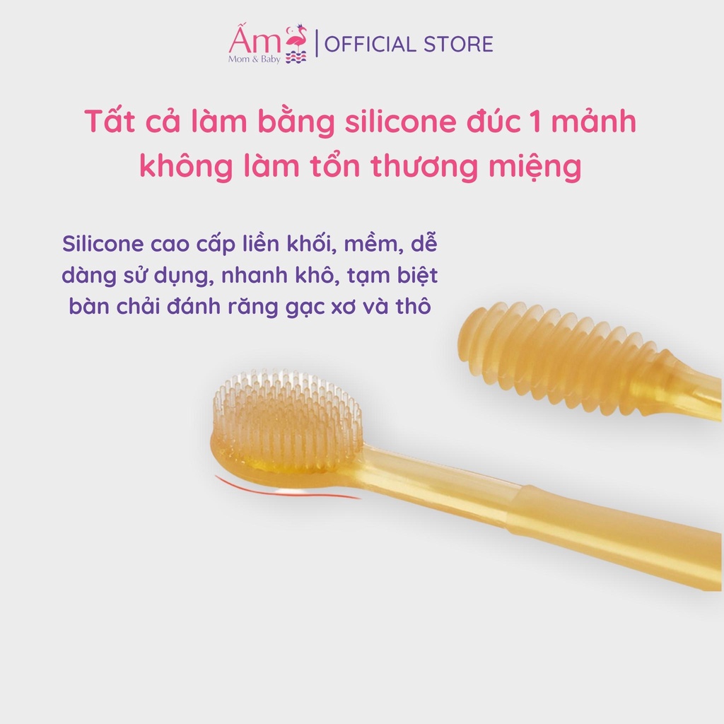 Dụng Cụ Rơ Lưỡi Silicon Và Bàn Chải Siêu Mềm Ấm Baby Cho Bé từ 1 - 18 Tháng Có Nắp Đậy Vệ Sinh Ấm Gift Decor