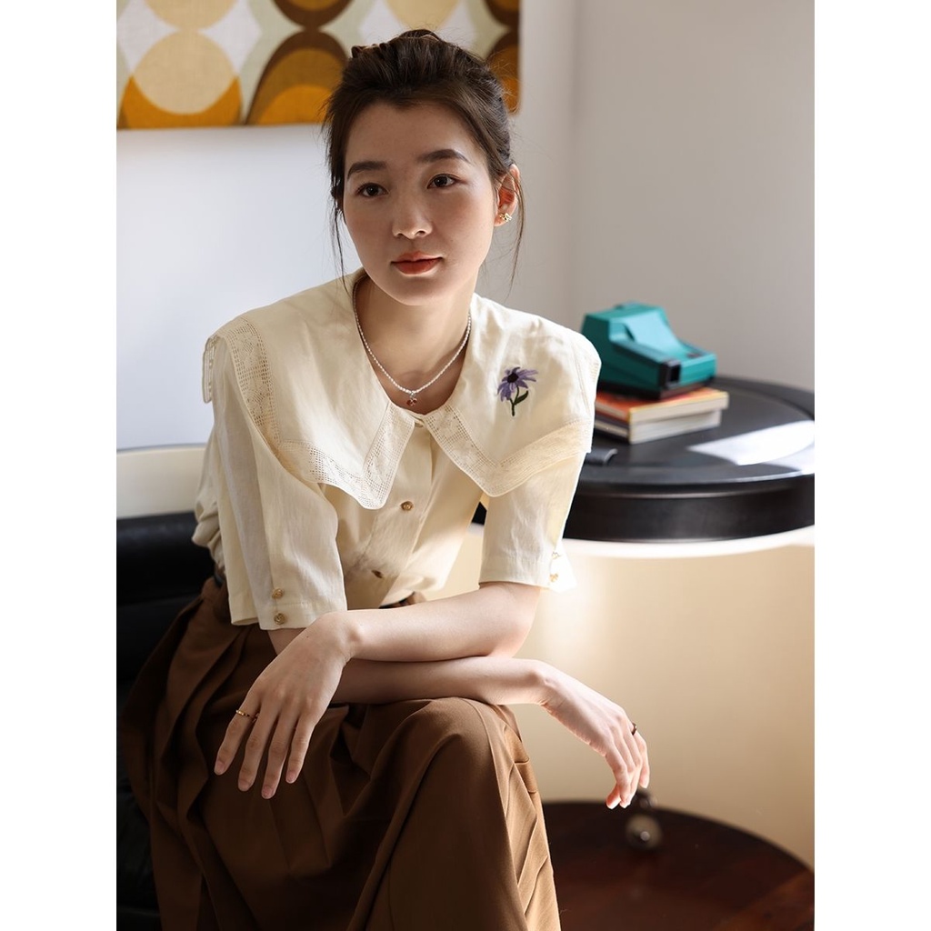 Áo Sơ Mi Ren Thêu Hoa Cúc Ngắn Tay Thời Trang Mùa Hè Mới Dành Cho Nữ 2022