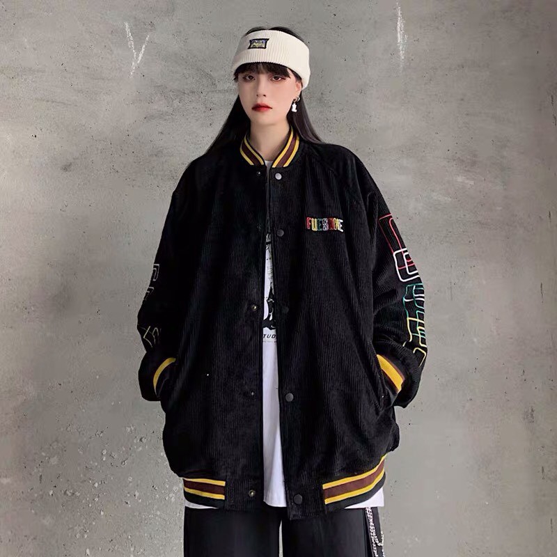 Áo Khoác Bomber Jackets Nhung Gân FUSEEHU Varsity Form Rộng Unisex Nam Nữ Ulzzang