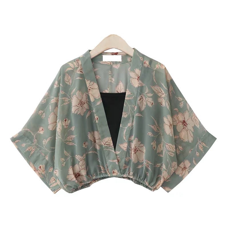 Áo Chiffon Ngắn Dáng Rộng Cổ Chữ V Màu Xanh Lá Thời Trang Mùa Hè Hàng Mới Phong Cách Nhật Bản Dành Cho Nữ