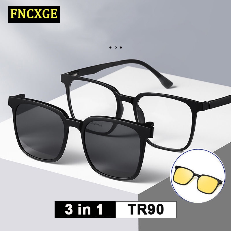 FNCXGE 3 In 1 Myopia Glasses Frame Clip-on Magnet Interchangeable Lens 0.0 to -6.0 Men Women