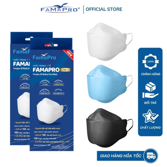 Khẩu trang y tế cao cấp kháng khuẩn 3 lớp Famapro 4D
