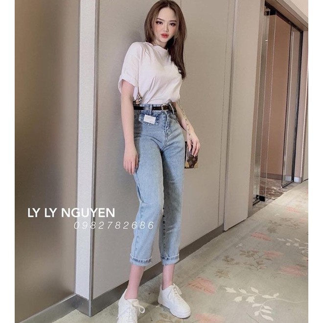 Quần baggy bò denim ống côn túi nắp xanh nhạt cạp cao thiết kế thanh lịch phong cách hàn quốc | BigBuy360 - bigbuy360.vn