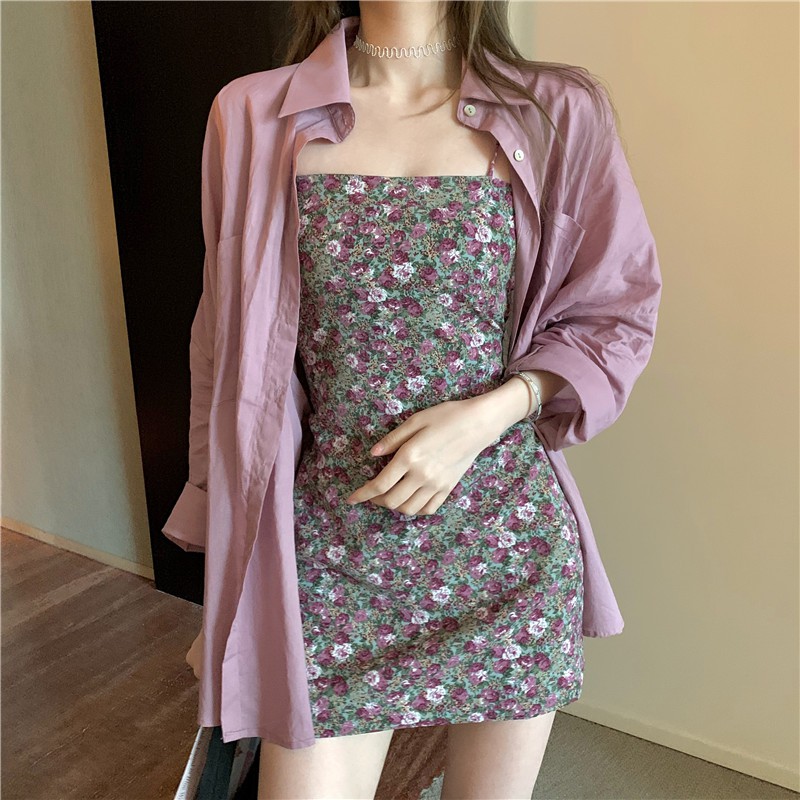 Set đầm hai dây hoa phối áo sơ mi voan tím trẻ trung
