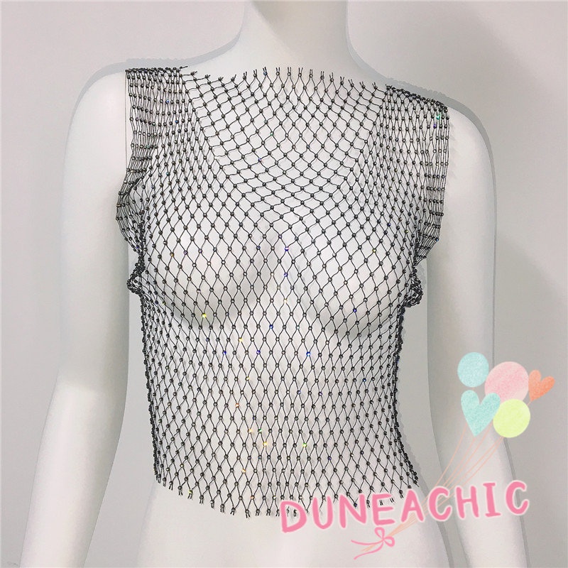 DUNEA Áo hai dây phối lưới lấp lánh quyến rũ cho nữ