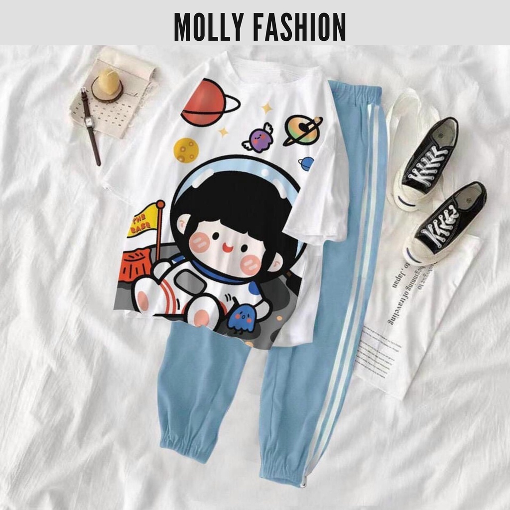 Set đồ bộ quần dài Jogger 2 Sọc XANH BIỂN NHIỀU MẪU ❤️ Bộ hoạt hình form rộng Unisex Molly Fashion