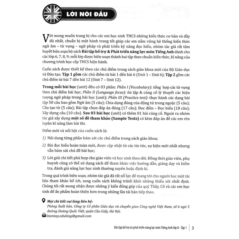 Sách Tham Khảo - Bài Tập Bổ Trợ Và Phát Triển NL Môn Tiếng Anh Lớp 8 - Tập 1(Dành Cho HS Tự Ôn Luyện NC Kiến Thức) - EDU