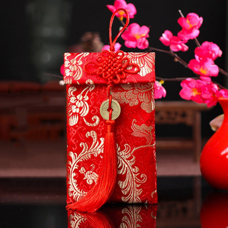 Bao Lì Xì Vải Thổ Cẩm Phối Nơ cài  Đứng và Ngang 2 đầu Xinh Xắn