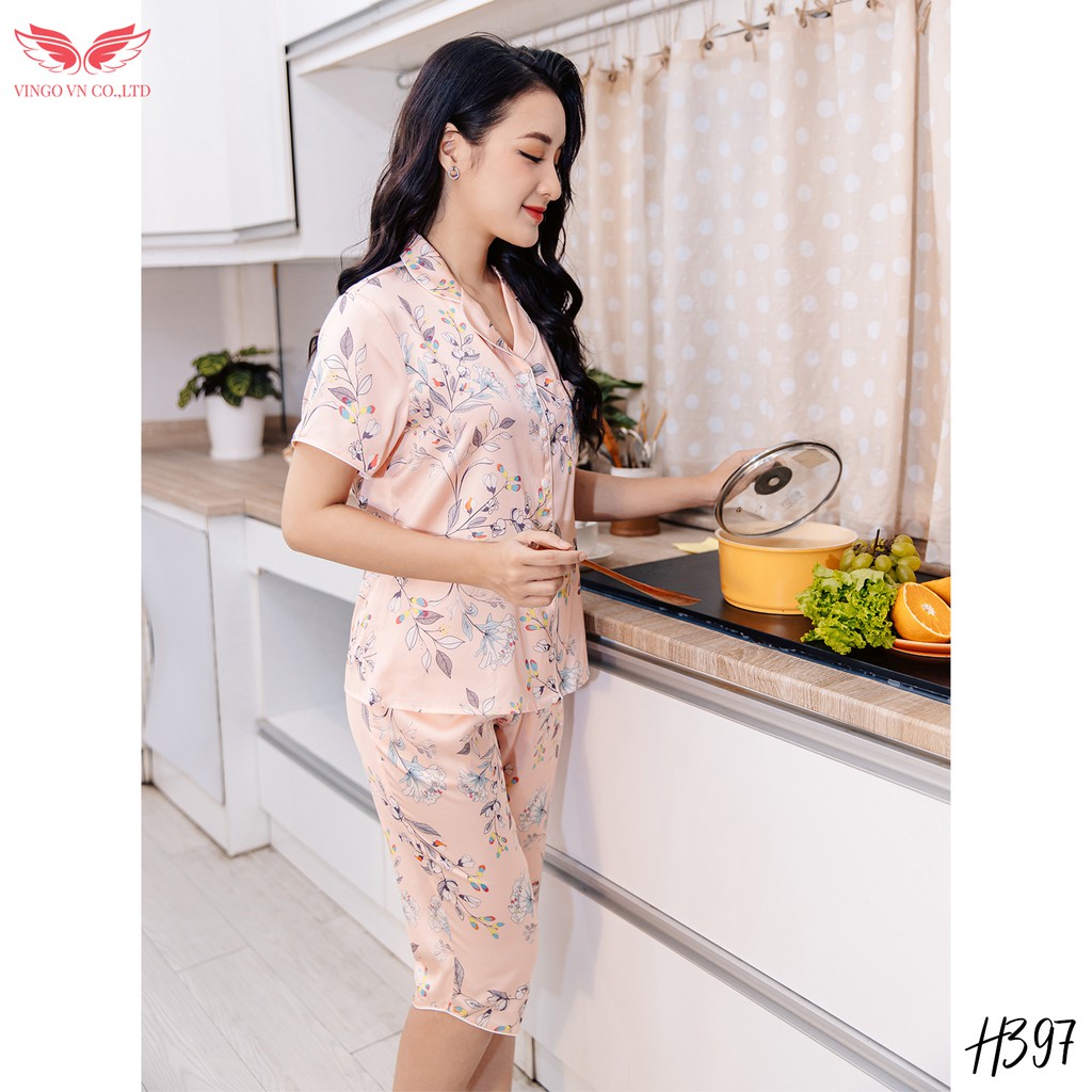 VINGO Bộ Đồ Mặc Nhà Kiểu Pijama Nữ Lụa Pháp Cao Cấp Tay Cộc Quần Lửng Họa Tiết Lá Thanh Lịch Nhã Nhặn H397 VNGO - TCQL