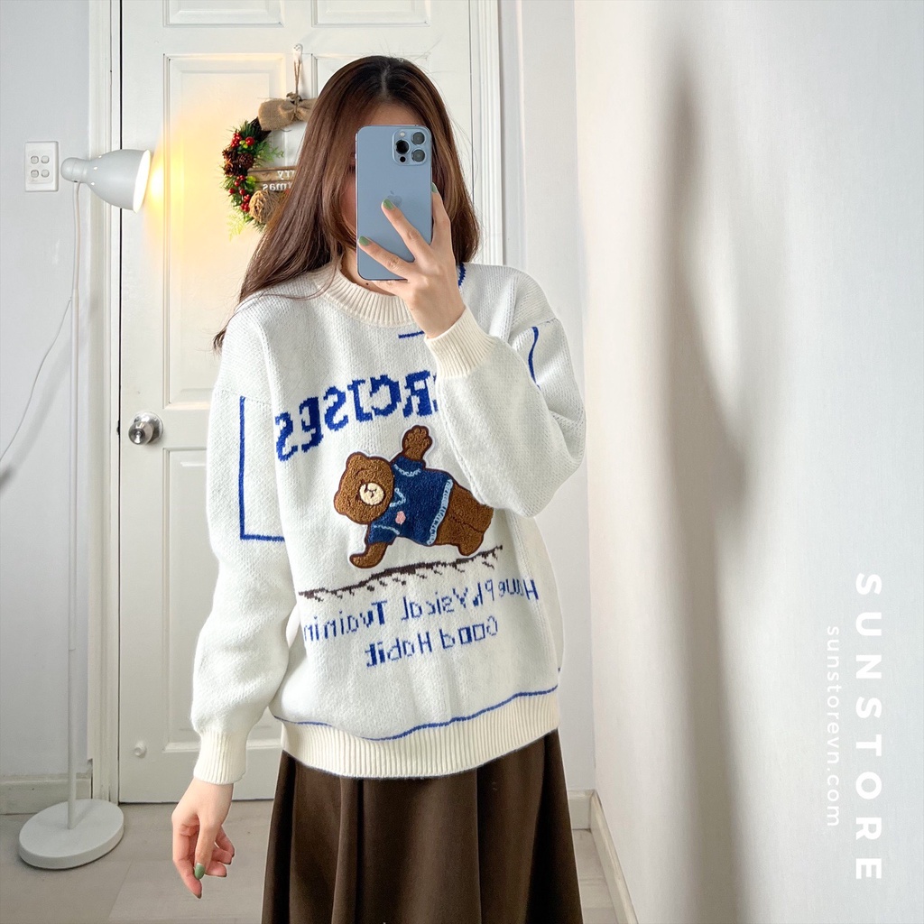 Áo sweater len hình gấu form ôm Ulzzang