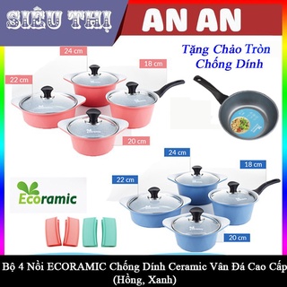 Bộ 4 nồi gốm sứ ECORAMIC bếp ga điện chống dính size 18 20 22 24 cm màu xanh tặng 2 nhắc nồi sillicon và chảo tròn