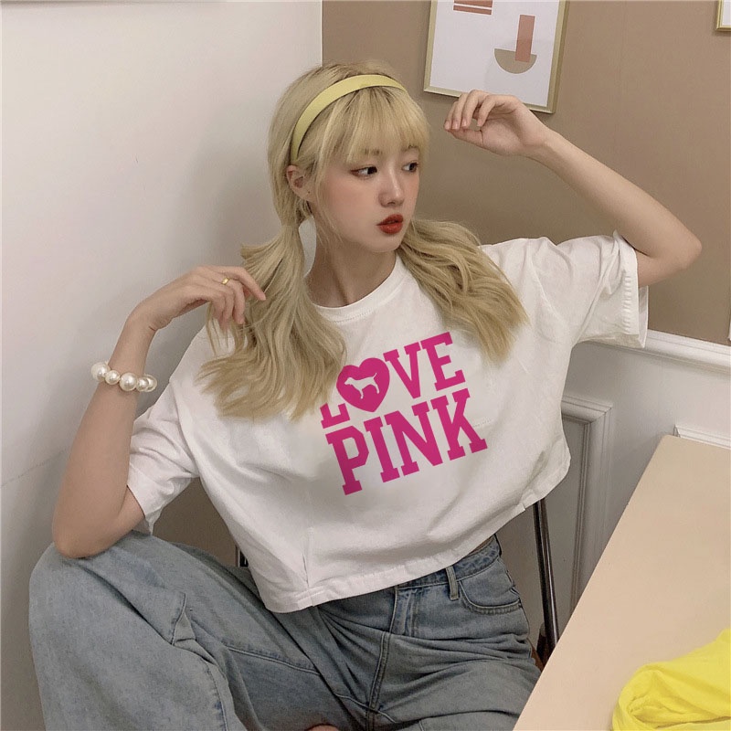 Áo Thun Crotop Form Rộng Unisex Tay Ngắn In Chữ LOVEPINK Ulzzang Style Hàn Quốc TTT0149