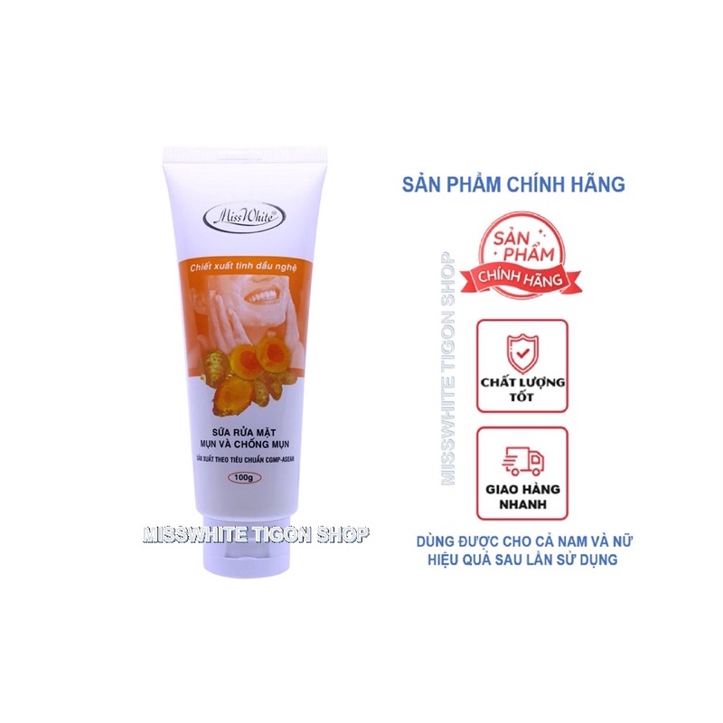 Sữa rửa mặt tinh chất Nghệ mụn và chống mụn Miss White 100g