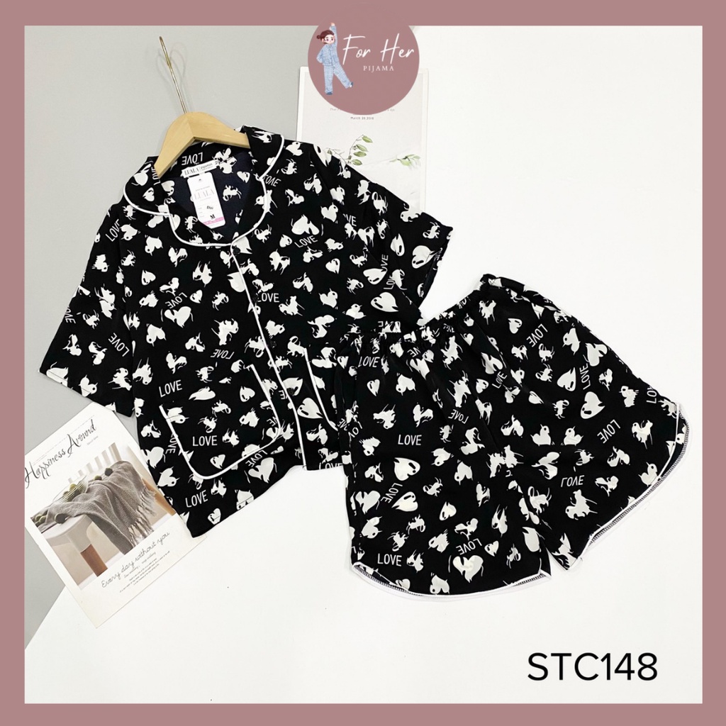 Đồ Bộ Pijama - Bộ Lụa Pizama Quần Sooc Đùi Họa Tiết Phối Dễ Thương
