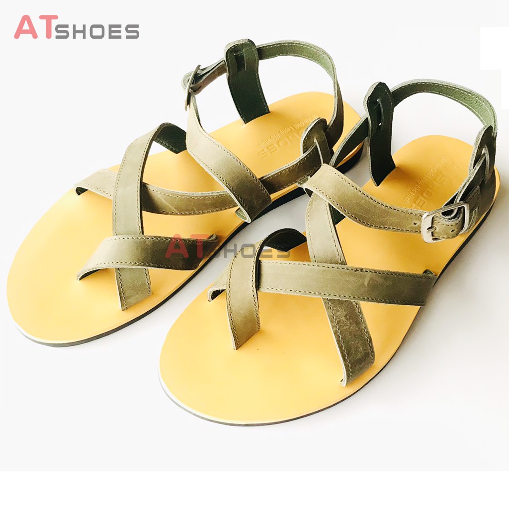 Dép Sandal Unisex cao cấp Da Bò Thật Sandal xỏ ngón nam nữ chuẩn kiểu Hàn Quốc Trẻ Trung Atshoes AT40(Rêu)