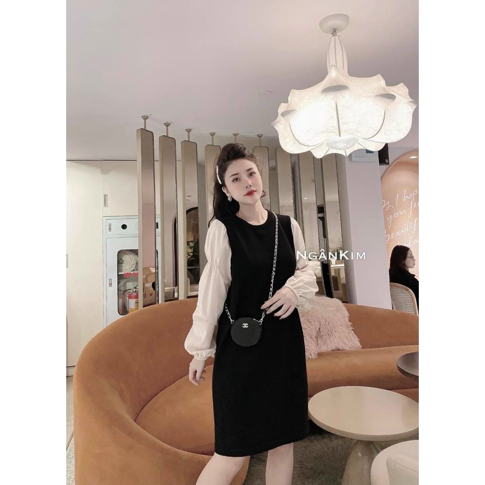 Đầm suông nữ phối tay trơn vai bồng 2 màu chất đẹp | BigBuy360 - bigbuy360.vn
