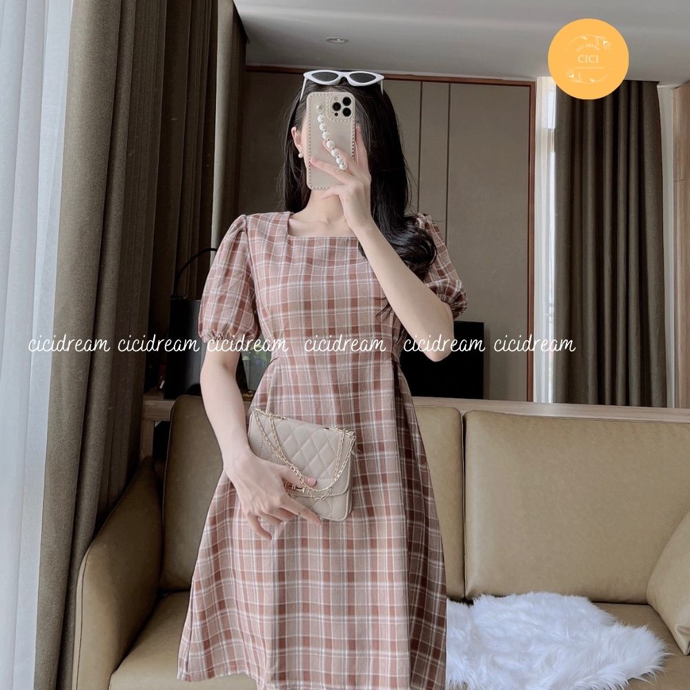 Đầm nữ kẻ công sở cổ , Đầm nữ kẻ sọc nhí midi bo eo tôn dáng cực xinh