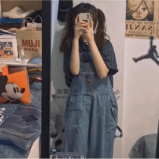 Quần Yếm Denim Dáng Rộng Phong Cách Harajuku Nhật Bản Cho Cặp Đôi
