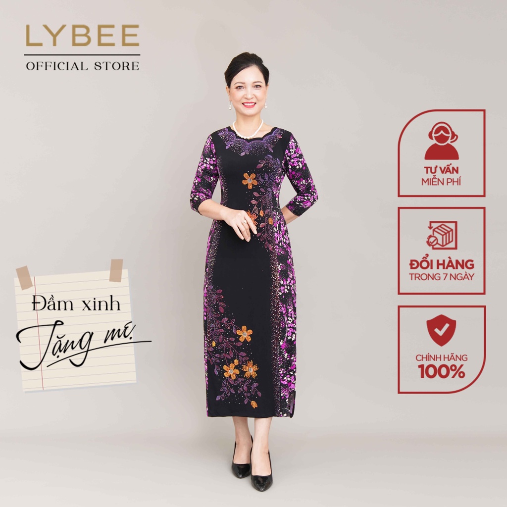 Đầm trung niên dáng suông LYBEE LV779 thời trang thiết kế cho bà cho mẹ chất thun lụa sữa phối lazong cao cấp