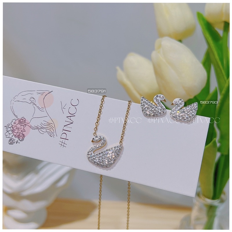 Bộ trang sức titan, dây chuyền, bông tai thiên nga đính đá 4 màu .PTNACC.