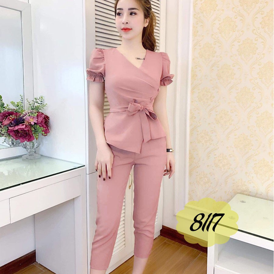 Set Bộ Nữ Công Sở Cột Nơ Tay Nhúng Quần Lửng Cực Kỳ Dễ Thương | BigBuy360 - bigbuy360.vn