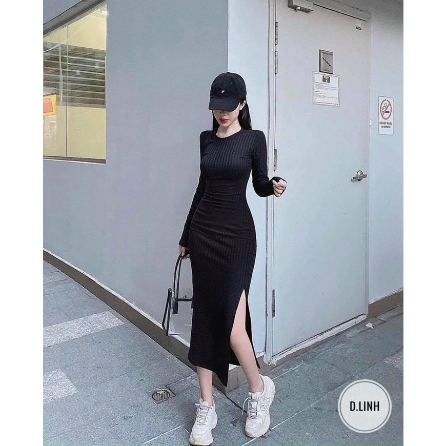 Đầm body thun gân ôm sát xẻ cao tay dài