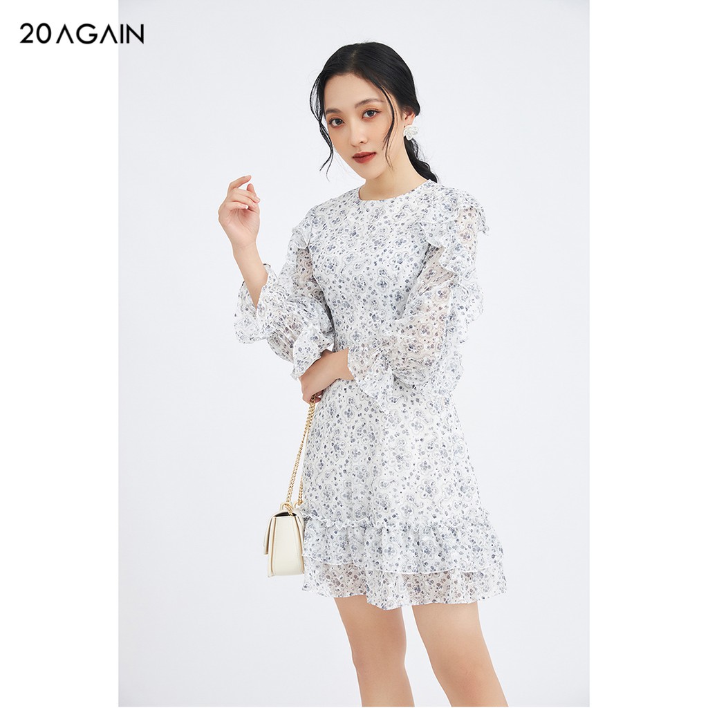 Đầm váy nữ công sở 20AGAIN đủ màu, đủ size, vải voan dài tay gấu 2 tầng bèo họa tiết DEC0054