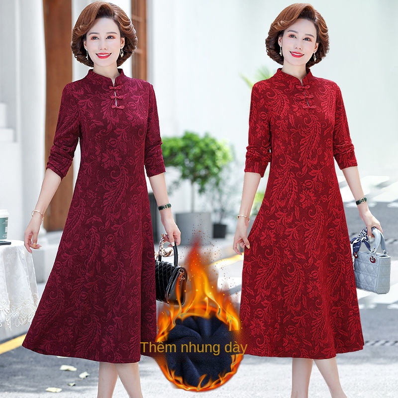 Các bà mẹ trung niên mùa thu và đông mới cải tiến váy sườn xám phụ nữ cộng với nhung dày dài tay qua đầu gối khí chất qu