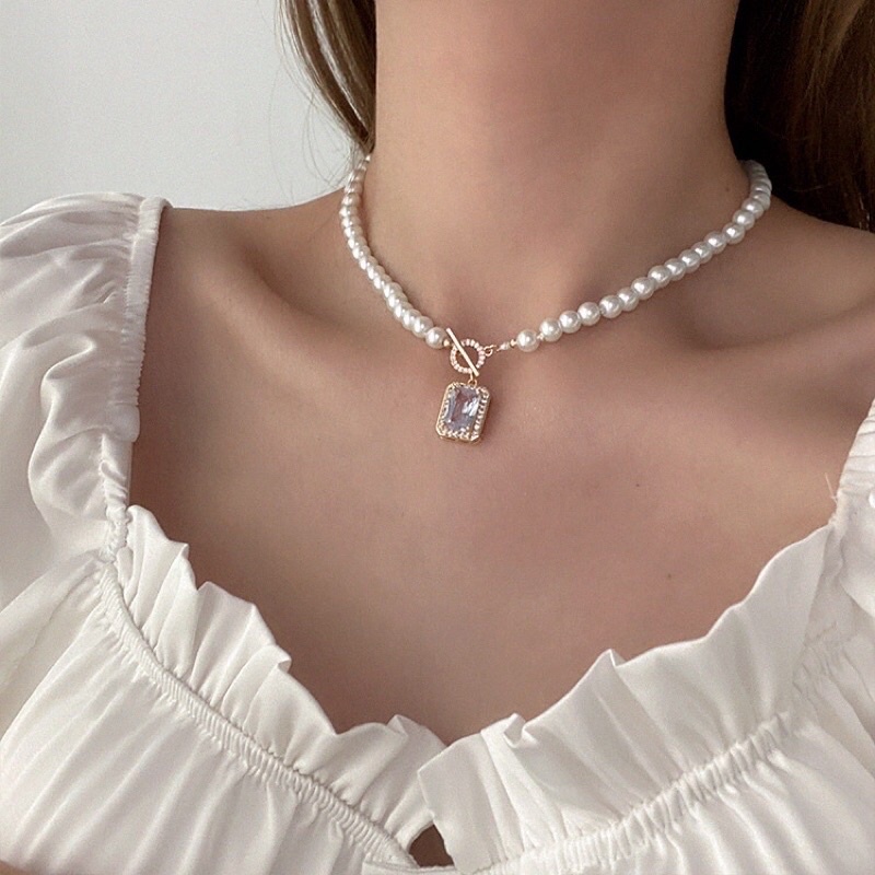 Vòng cổ hạt ngọc trai nhân tạo 6-7ly phối mặt đá vuông khóa OT bạc 925